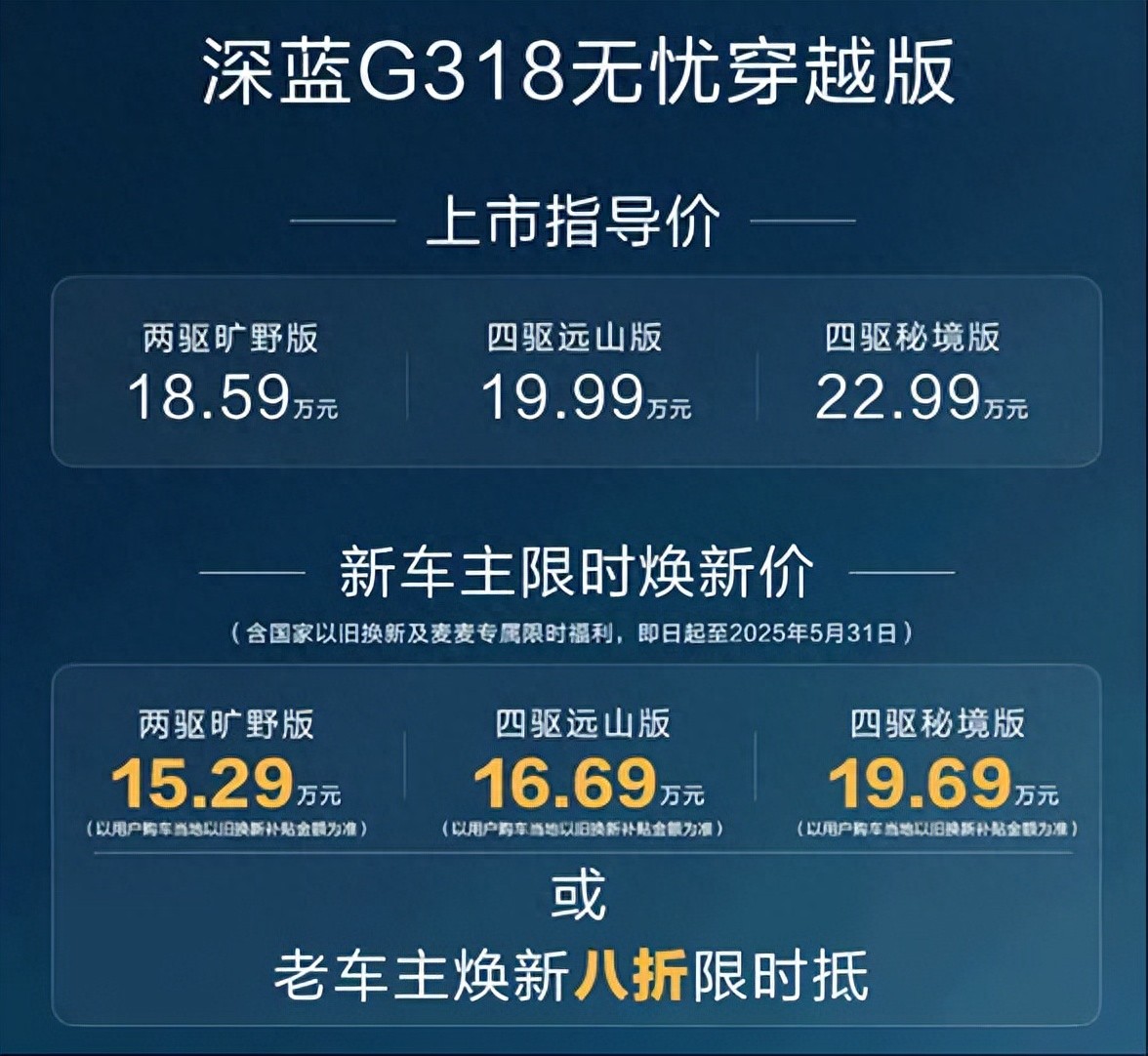 指導(dǎo)售價(jià)18.59萬(wàn)元起！深藍(lán)G318無(wú)憂穿越版正式上市